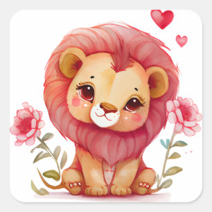 Sticker Carré Cute Lion Valentine