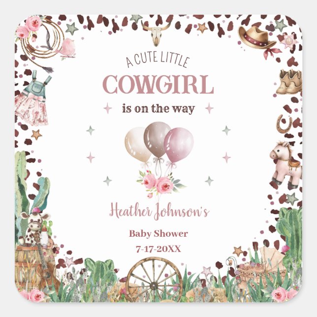 Sticker Carré Cute Little Cowgirl Western Aquarelle Baby shower (Devant)