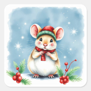 Sticker Carré Cute Little Festive Souris de Noël en Casquette d'