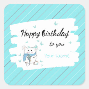 Sticker Carré Cute Little Hamster Blue Joyeux anniversaire