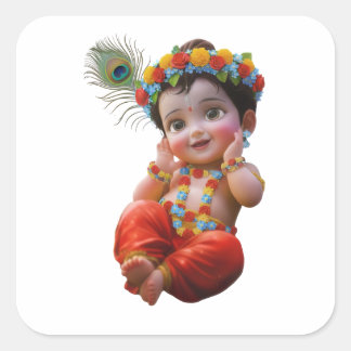 Sticker Carré Cute Little Krishna Traditional Indian Art Poster