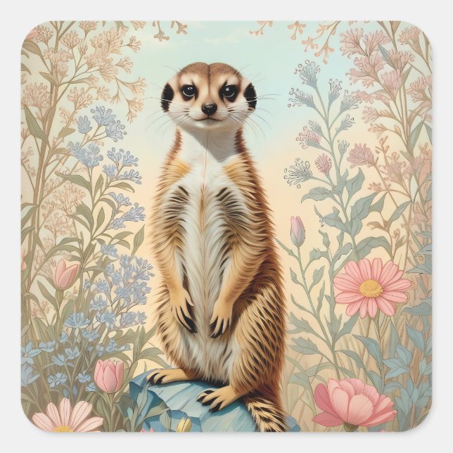 Sticker Carré Cute Little Meerkat Pastel Floral (Devant)