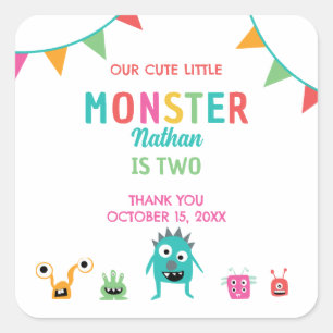 Sticker Carré Cute Little Monster Anniversaire Fête Merci