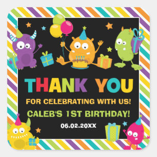 Sticker Carré Cute Little Monsters Anniversaire Merci Favoriser
