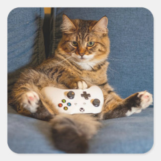 Sticker Carré Cute Little Tabby Cat Gamer Kitty