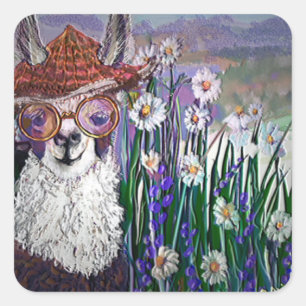 Sticker Carré .Cute Llama Art Avec Lunettes. Et Art