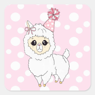 Sticker Carré Cute Llama avec Casquette d'anniversaire