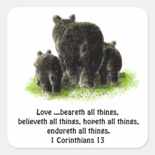 Sticker Carré Cute Love Bears all things Citation 1Corinthiens 1