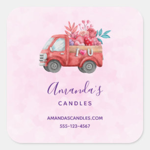 Sticker Carré Cute Love Camion Portant Coeurs & Fleurs Business