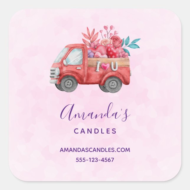 Sticker Carré Cute Love Camion Portant Coeurs & Fleurs Business (Devant)