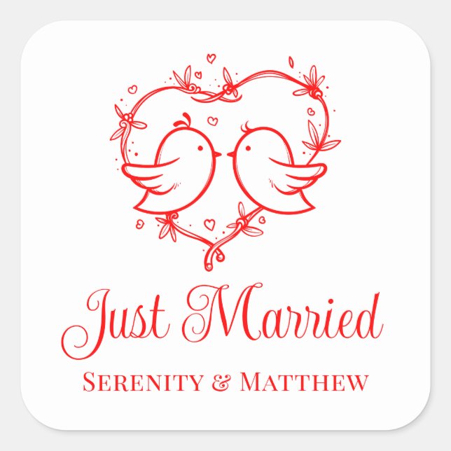 Sticker Carré Cute Lovebirds Boho Red Heart Just Married Wedding (Devant)