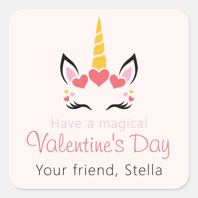Sticker Carré Cute Magical Unicorn Valentine's Day Personalized (Devant)