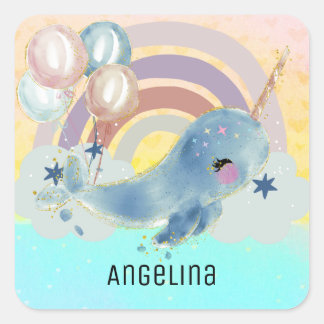 Sticker Carré Cute Magique Mer Unicorne Nom personnalisé