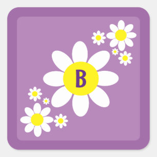 Sticker Carré Cute mauve et blanc marguerites florales initiales