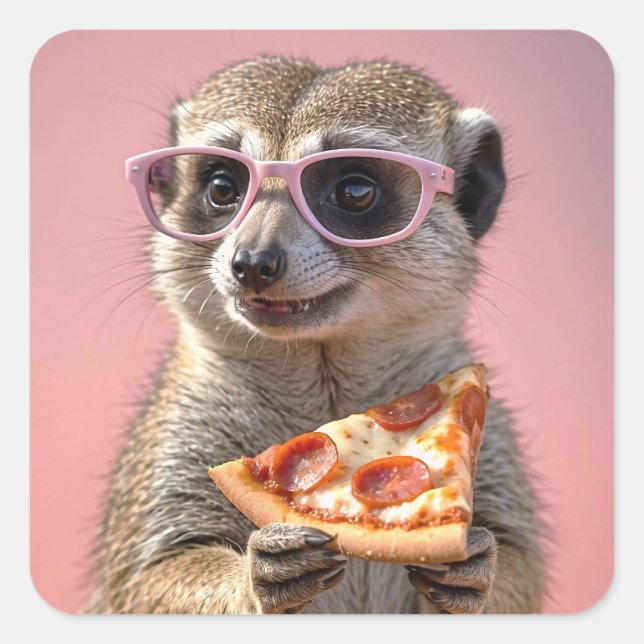 Sticker Carré Cute Meerkat avec lunettes et pizza (Devant)