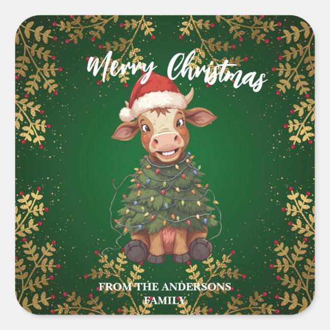 Sticker Carré Cute merry Cow Christmas tree calf ox Xmas pattern (Devant)
