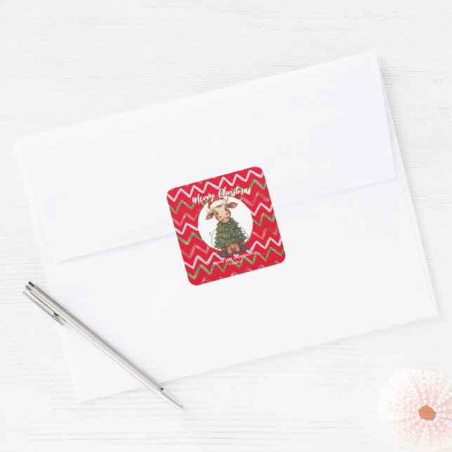 Sticker Carré Cute merry Cow Christmas tree calf ox Xmas pattern (Enveloppe)