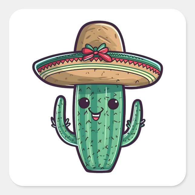 Sticker Carré Cute mexicaine Sombrero Cactus (Devant)
