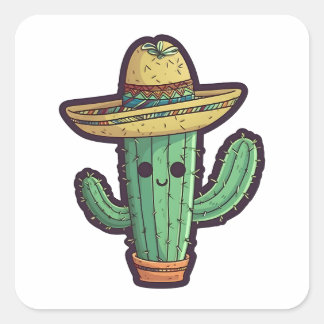 Sticker Carré Cute mexicaine Sombrero Cactus Plante