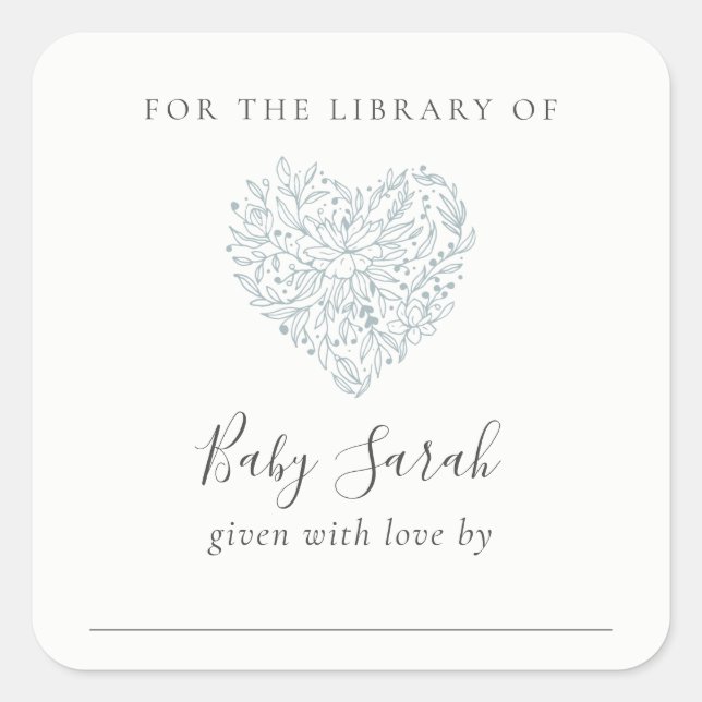 Sticker Carré Cute Minimal Dusky Blue Floral Heart Baby Library (Devant)
