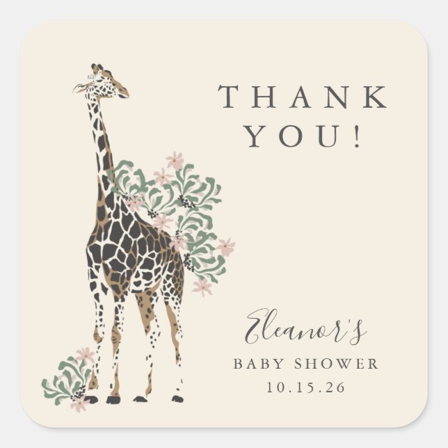 Sticker Carré Cute Modern Floral Giraffe Baby shower simple (Devant)