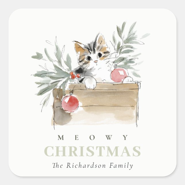Sticker Carré Cute Modern Watercolor Meowy Christmas Box Cat (Devant)