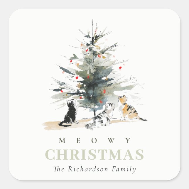 Sticker Carré Cute Moderne Aquarelle Meowy Arbre de Noël Chats (Devant)