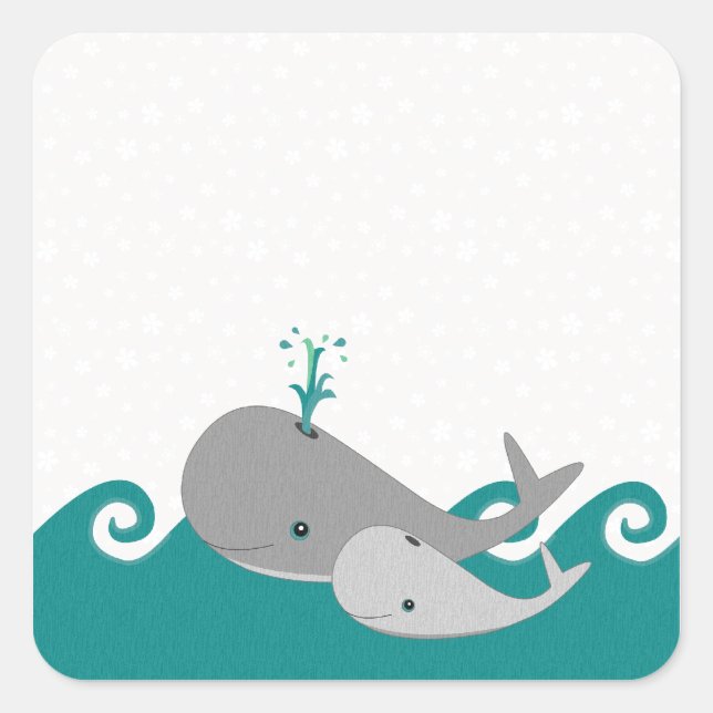 Sticker Carré Cute Moma et Baby Whale sur les vagues (Devant)