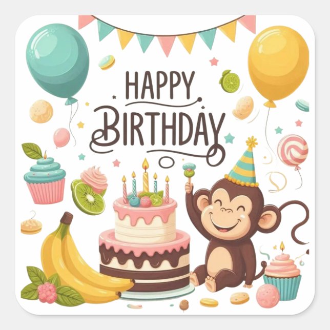 Sticker Carré Cute Monkey Happy Birthday Party (Devant)