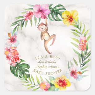 Sticker Carré Cute Monkey Tropical Floral Girl Baby shower