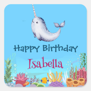 Sticker Carré Cute Narwhal Fish Unicorn Baleine mer Anniversaire