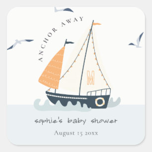 Sticker Carré Cute Nautical Blue Sailboat Baby shower Pastel