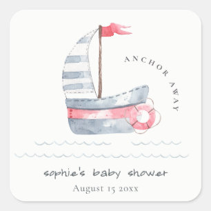 Sticker Carré Cute Nautical Pastel Rouge Bleu Baby shower de voi