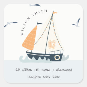Sticker Carré Cute Nautique Blue Sailboat Pastel Adresse pour en