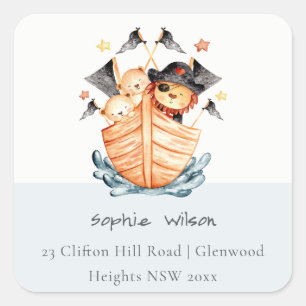 Sticker Carré Cute Nautique Pirate Ship Lion Cub Kids Adresse