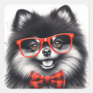 Sticker Carré Cute Nerd rouge Pomeranian