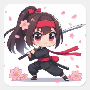 Sticker Carré Cute ninja guerrière fille en fleur