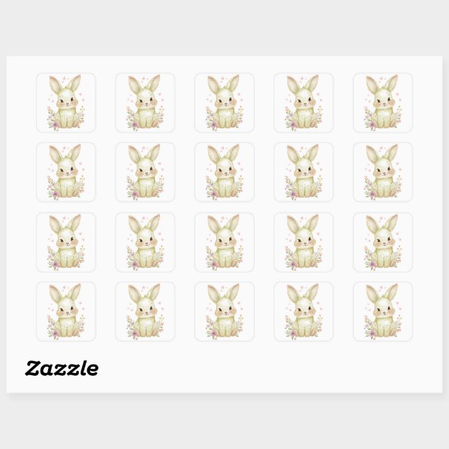 Sticker Carré Cute Olive Green Bunny Party Theme Pastel Floral (Feuille)
