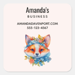 Sticker Carré Cute Orange Fox avec Floral Crown Business