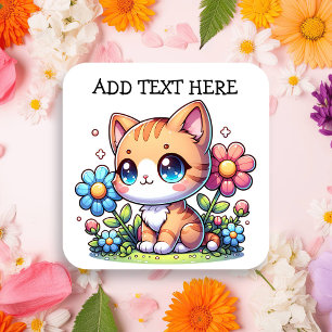 Sticker Carré Cute Orange Kitty Chat en Fleurs Personnalisé