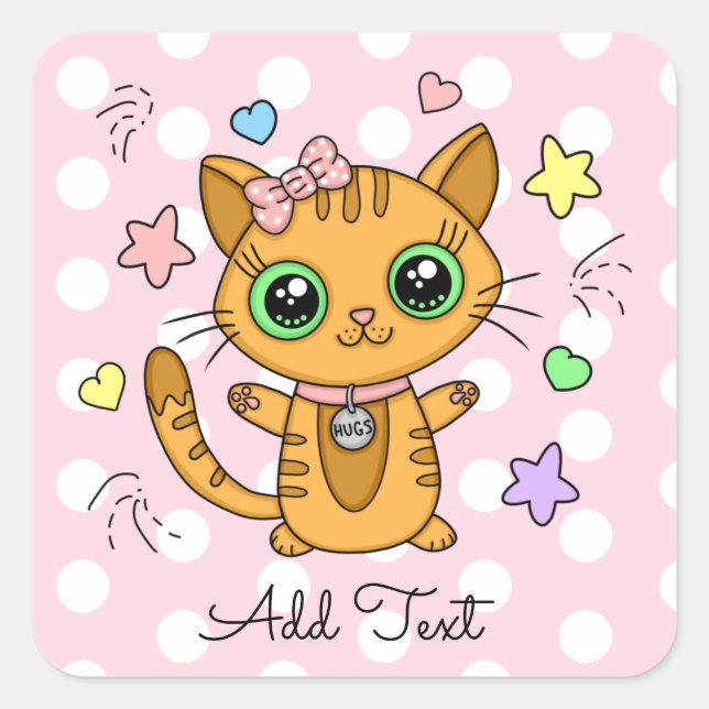 Sticker Carré Cute Orange Kitty Chat rose Polka Point personnali (Devant)