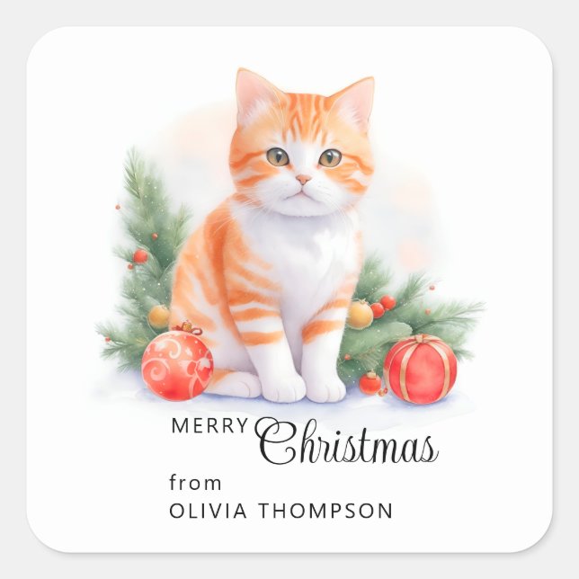 Sticker Carré Cute Orange Tabby Kitty Joyeux Noël (Devant)