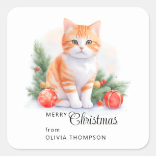 Sticker Carré Cute Orange Tabby Kitty Joyeux Noël