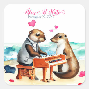 Sticker Carré Cute Otter Couple   Mariage romantique