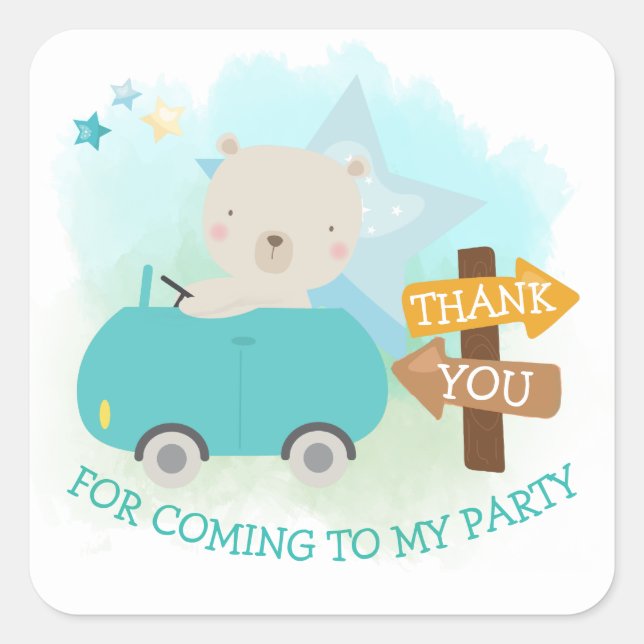 Sticker Carré Cute Ours Car Merci Toddler Anniversaire (Devant)