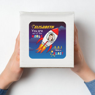 Sticker Carré Cute Outer Space Rocket Ship Blast Off Birthday