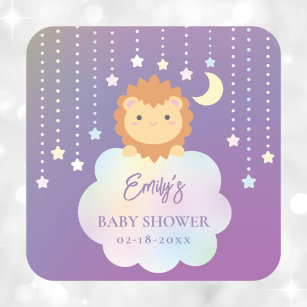 Sticker Carré Cute Over the Moon and Stars Lion Cub Baby shower