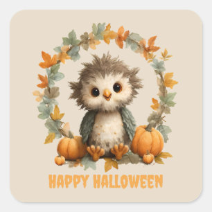 Sticker Carré Cute Owl Citrouille Halloween design heureux