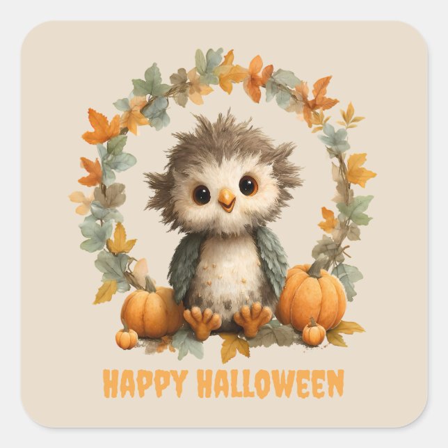 Sticker Carré Cute Owl Citrouille Halloween design heureux (Devant)