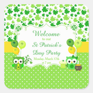 Sticker Carré Cute Owls St Patrick's Day Party